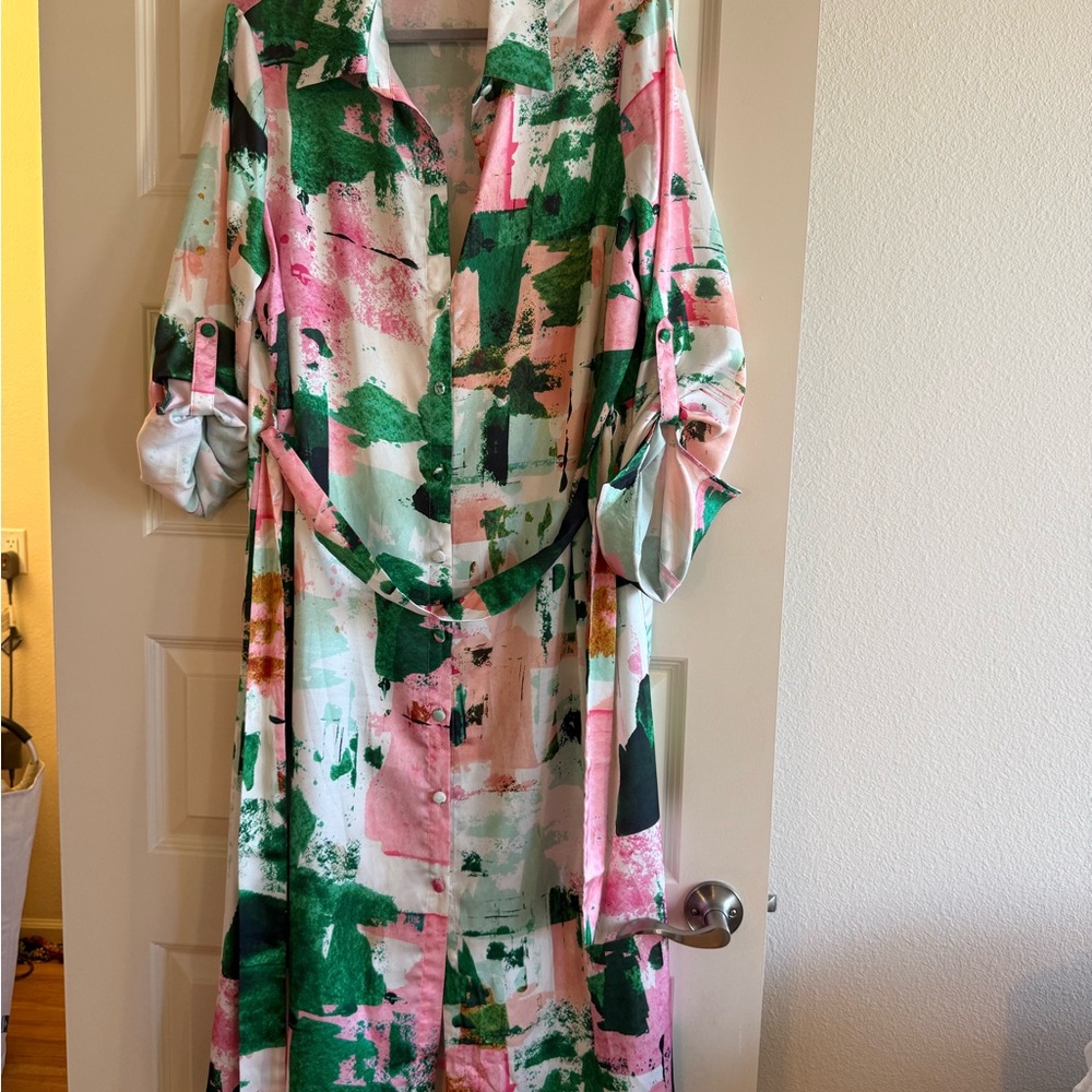 Abstract Green and Pink Long Shirt Dress